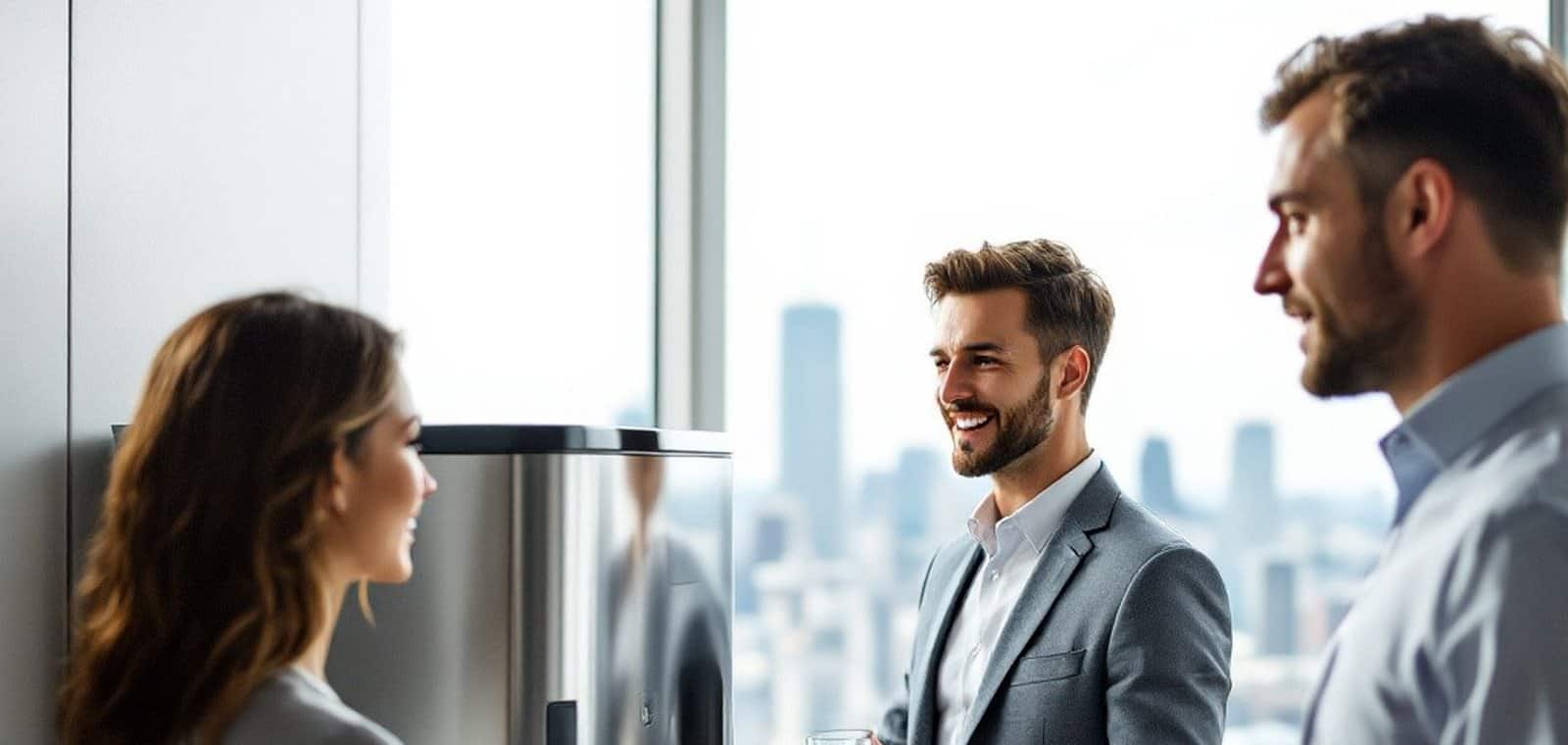 Colleagues filling a glass at a bottleless water cooler in a Los Angeles office