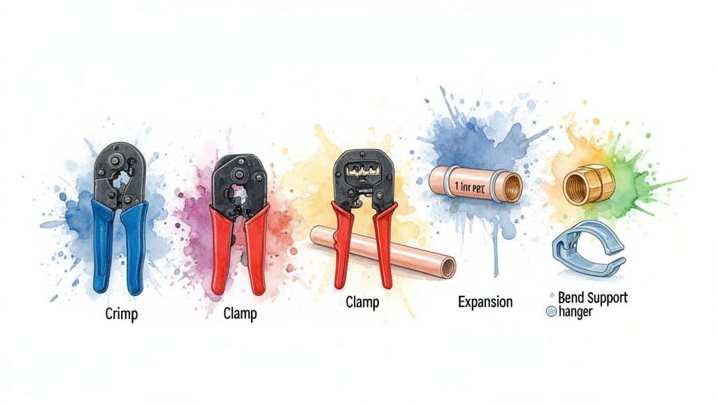 A collection of PEX plumbing tools and fittings, including crimp, clamp, expansion, and bend support hanger.