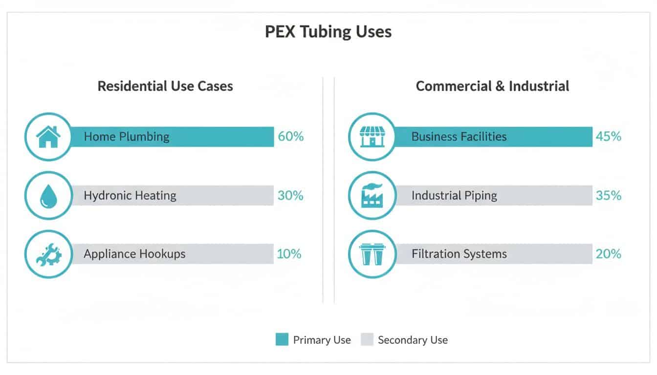 Chart illustrating PEX tubing uses across residential, commercial, and industrial applications with percentages.