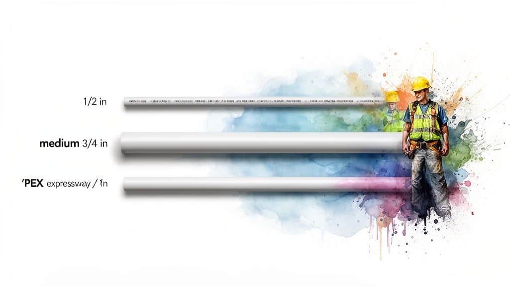 Three white PEX pipes of varying diameters (1/2, 3/4, 1 inch) with a construction worker.