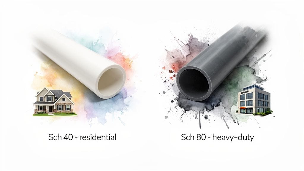 White Schedule 40 PVC pipe for residential use compared to gray Schedule 80 for heavy-duty commercial applications.