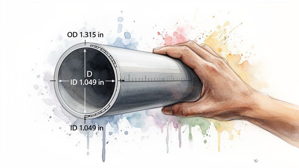Hand holding a pipe showing its outer diameter (OD 1.315 in) and inner diameter (ID 1.049 in).