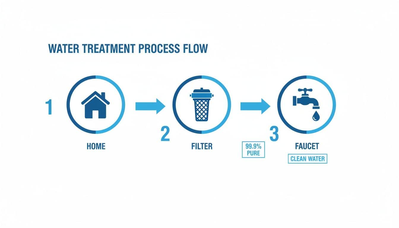 A diagram illustrating the water treatment process from home to clean, filtered water at the faucet.