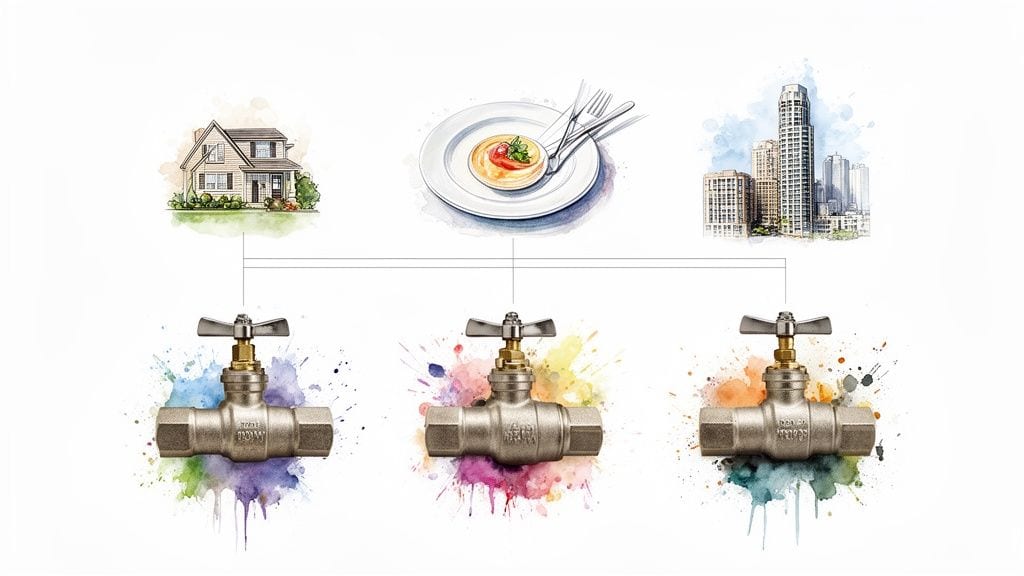 Three ball valves connecting to watercolor illustrations of a house, food, and city skyline, depicting versatile utility.