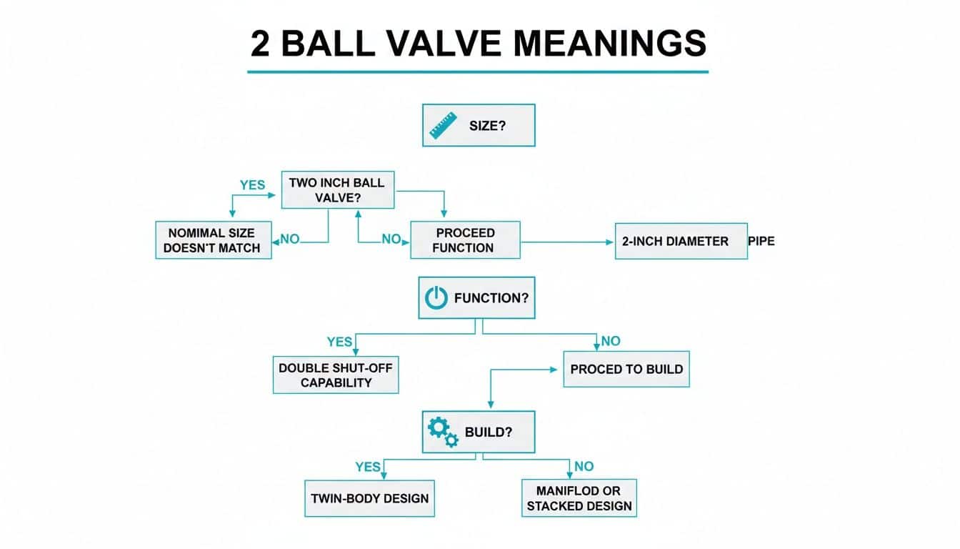 Flowchart illustrating the two different meanings of "2 ball valve" based on size, function, and design.