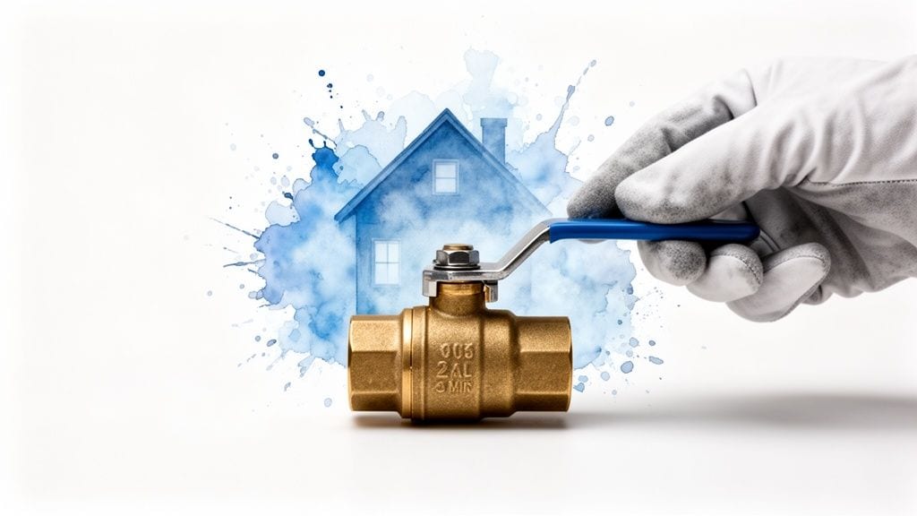A gloved hand turns a brass ball valve with a blue handle, against a blue watercolor house background.