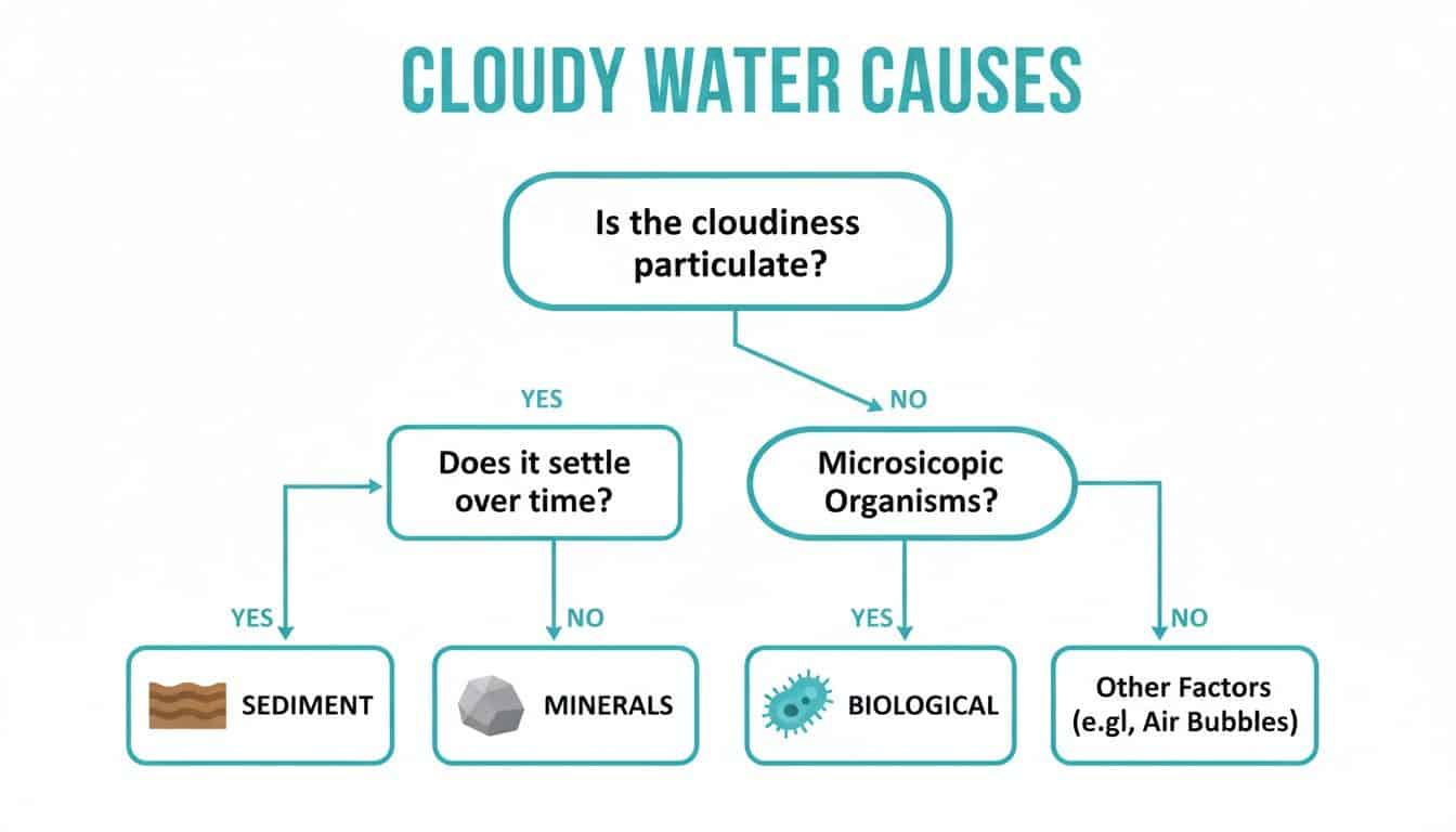 Flowchart detailing the causes of cloudy water: sediment, minerals, biological organisms, or other factors.