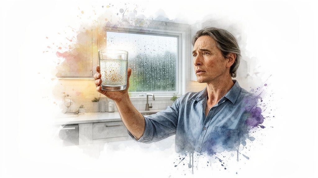 Concerned man holds a glass of cloudy, sediment-filled water in a modern kitchen.