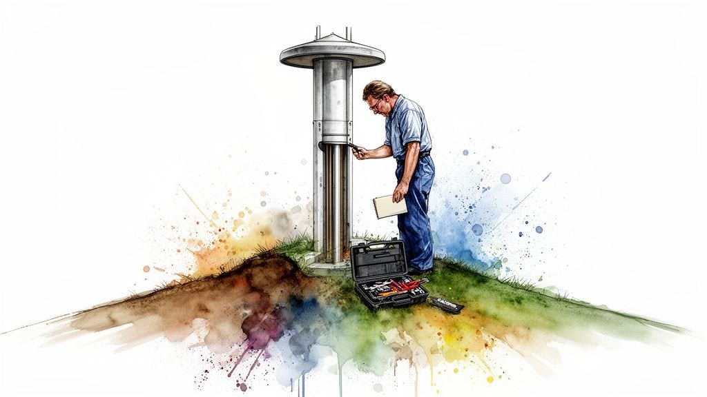 Technician in glasses performs maintenance on an outdoor well or monitoring station with tools.