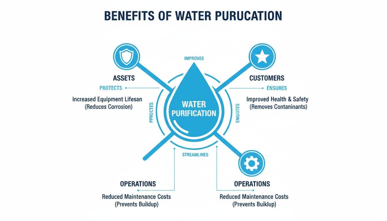 A diagram illustrating the comprehensive benefits of water purification for assets, customers, and operations.