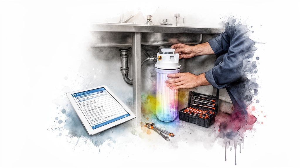 Hands installing a colorful water filter under a commercial sink, with a tablet and tools.