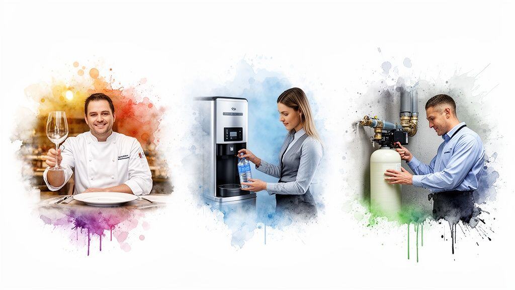 Three professionals illustrate commercial water purification systems: a chef, office worker, and service technician.