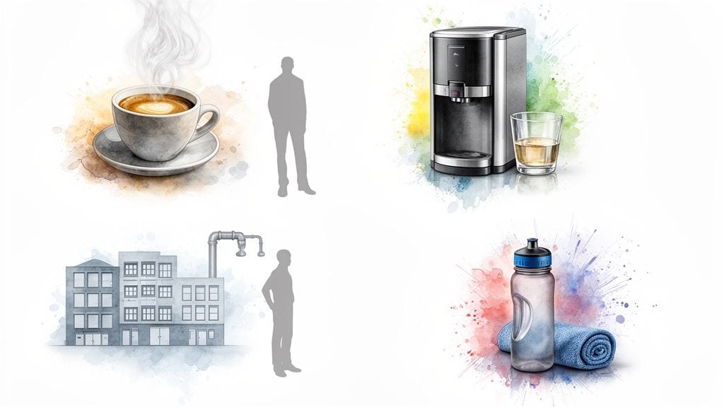 Illustrative image showing various water applications, from coffee to industrial treatment and hydration.