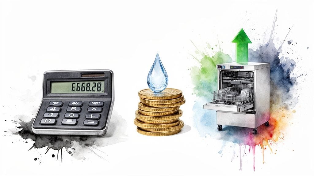 Calculator displaying costs, stacked coins with a water droplet, and a commercial dishwasher with a rising green arrow.