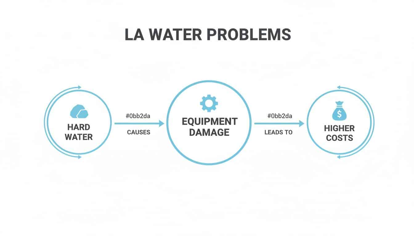 Flowchart showing how hard water causes equipment damage, which then leads to higher costs.