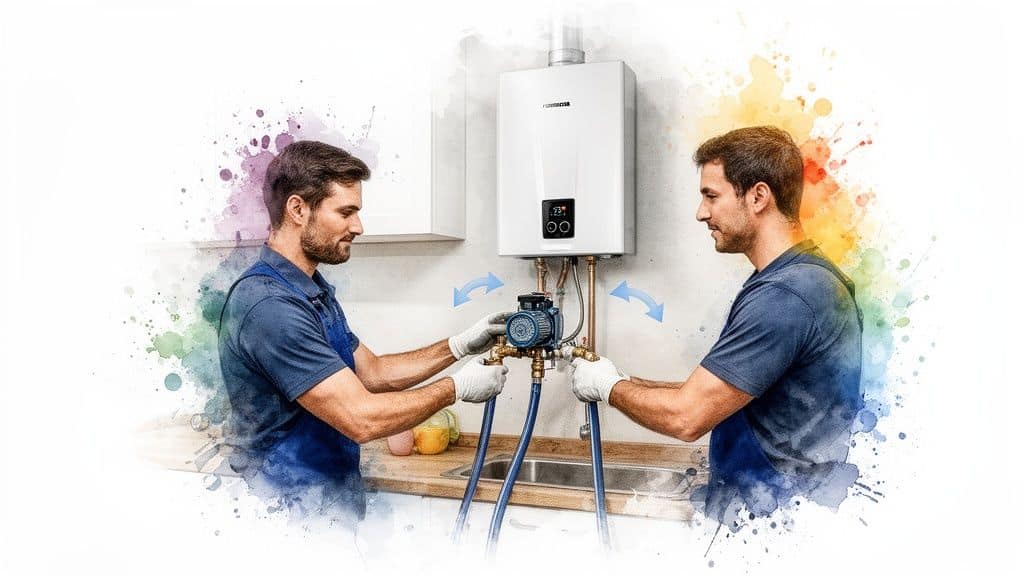 Two technicians install a water heater and a descaling pump system in a kitchen, with watercolor splash effects.