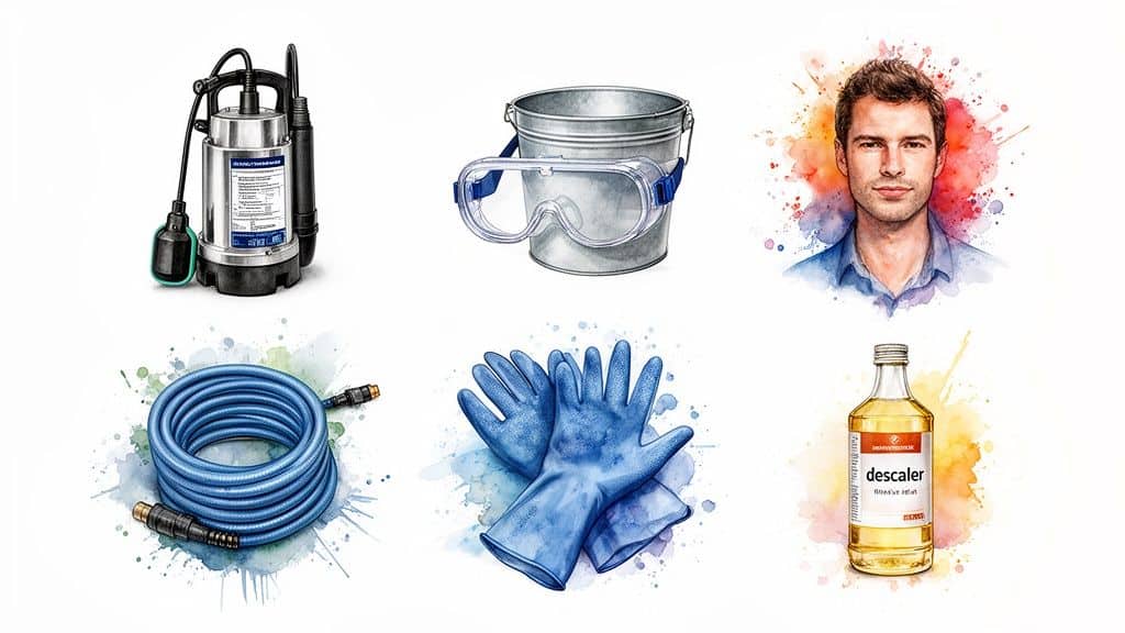 A collection of items for descaling, including a pump, descaler liquid, hose, bucket, gloves, and safety goggles.