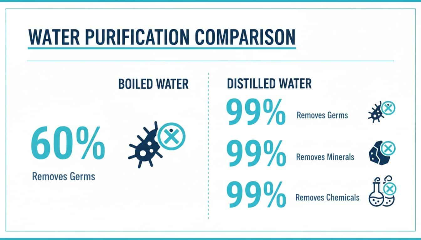 Infographic comparing boiled water and distilled water purification for germs, minerals, and chemicals.