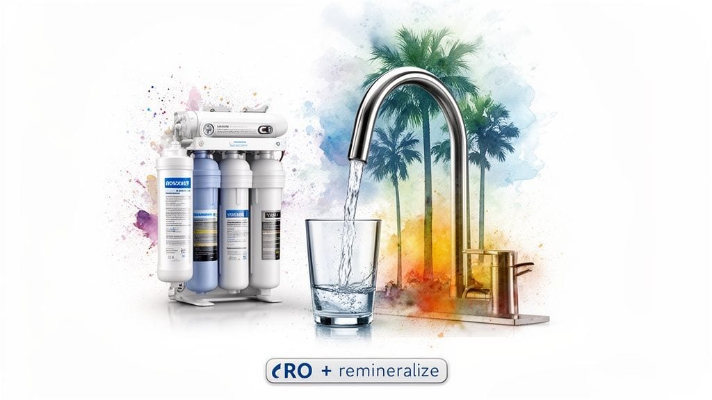 A reverse osmosis water filtration system and chrome faucet filling a glass of purified water, with watercolor palm trees in the background.