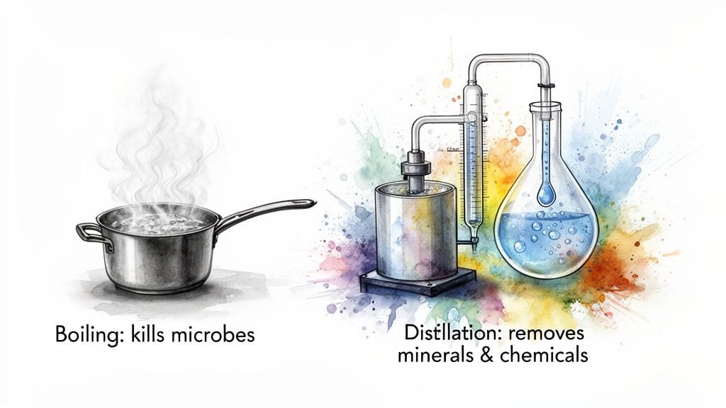 An illustration contrasting boiling water to kill microbes with distillation to remove minerals and chemicals.