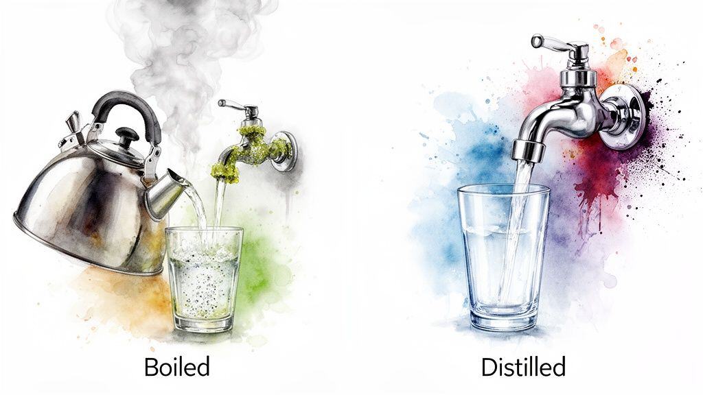 A visual comparison showing boiled water from a kettle and a dirty tap versus clean distilled water.