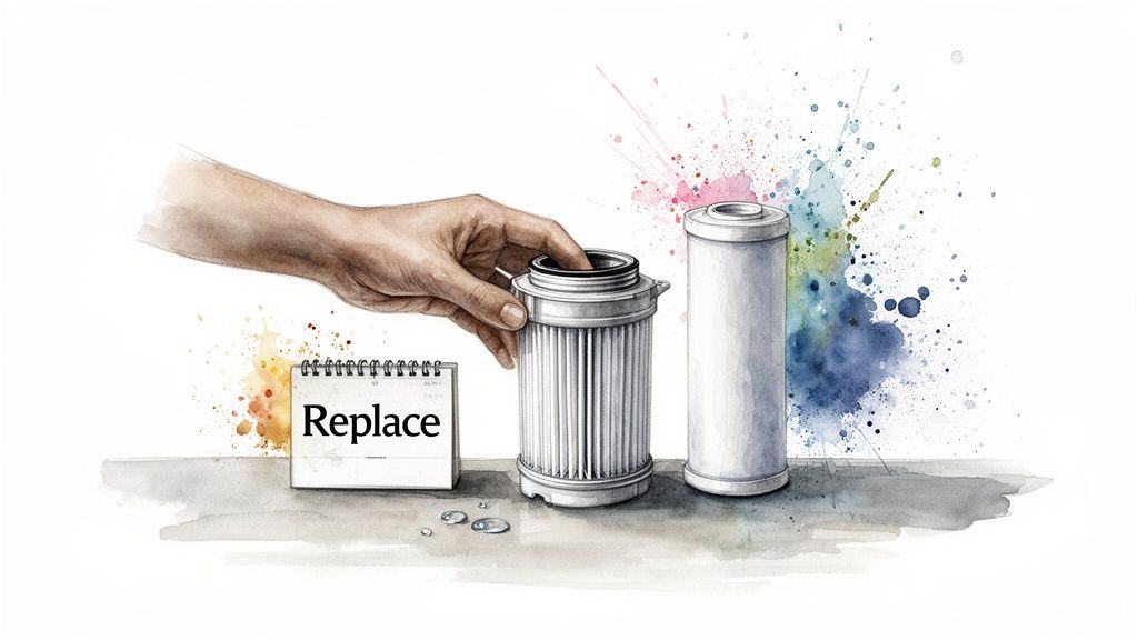 A hand replacing a water filter, with a 'Replace' note and another filter, against a colorful watercolor splash background.