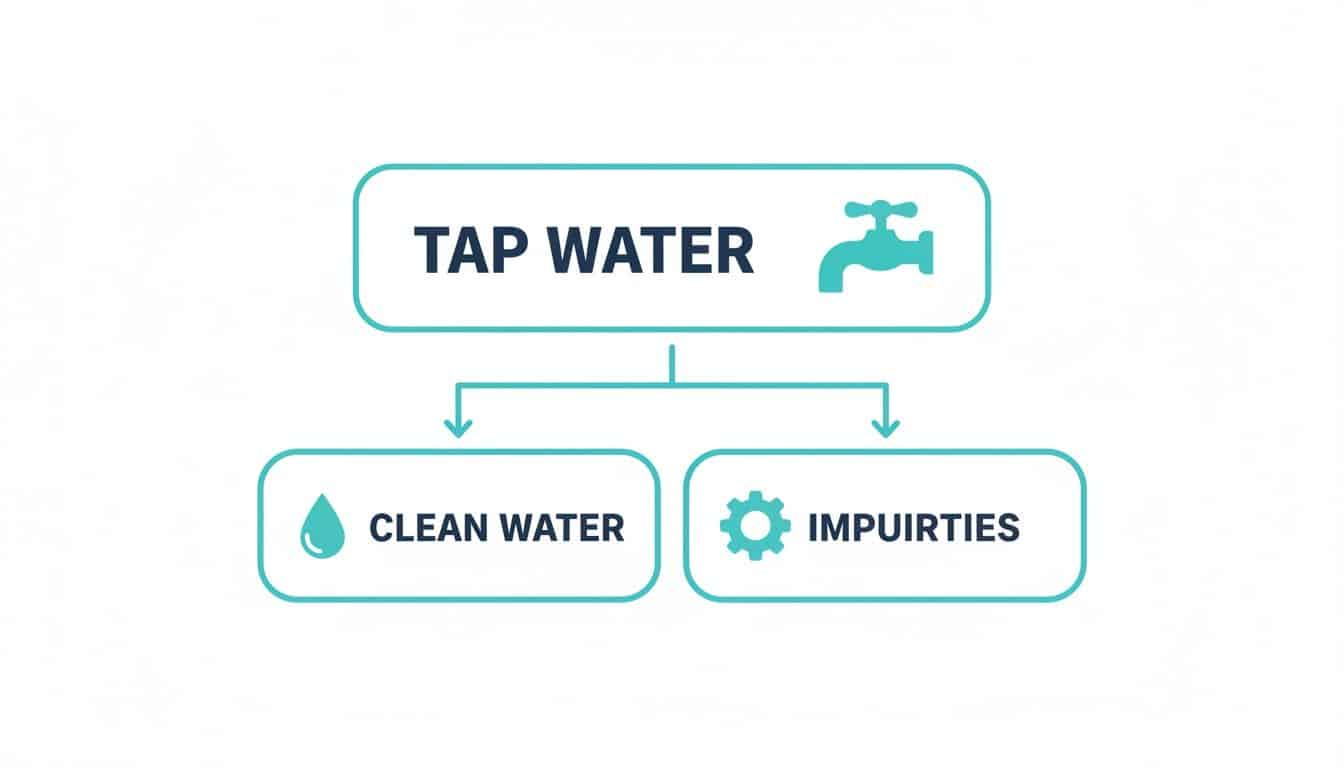 A flowchart showing tap water breaking down into clean water and impurities, with icons.