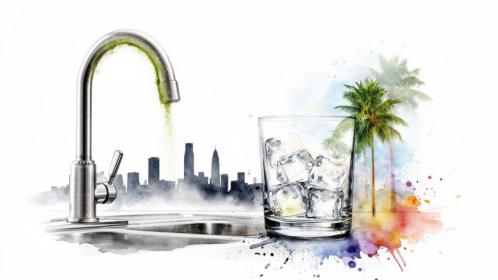 A vibrant watercolor illustration contrasting urban landscape with refreshing, pure water elements.
