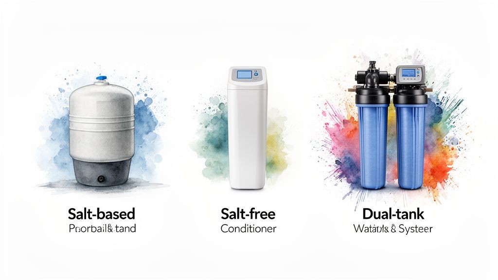 Three distinct water treatment systems: salt-based, salt-free conditioner, and dual-tank filters with watercolor effects.