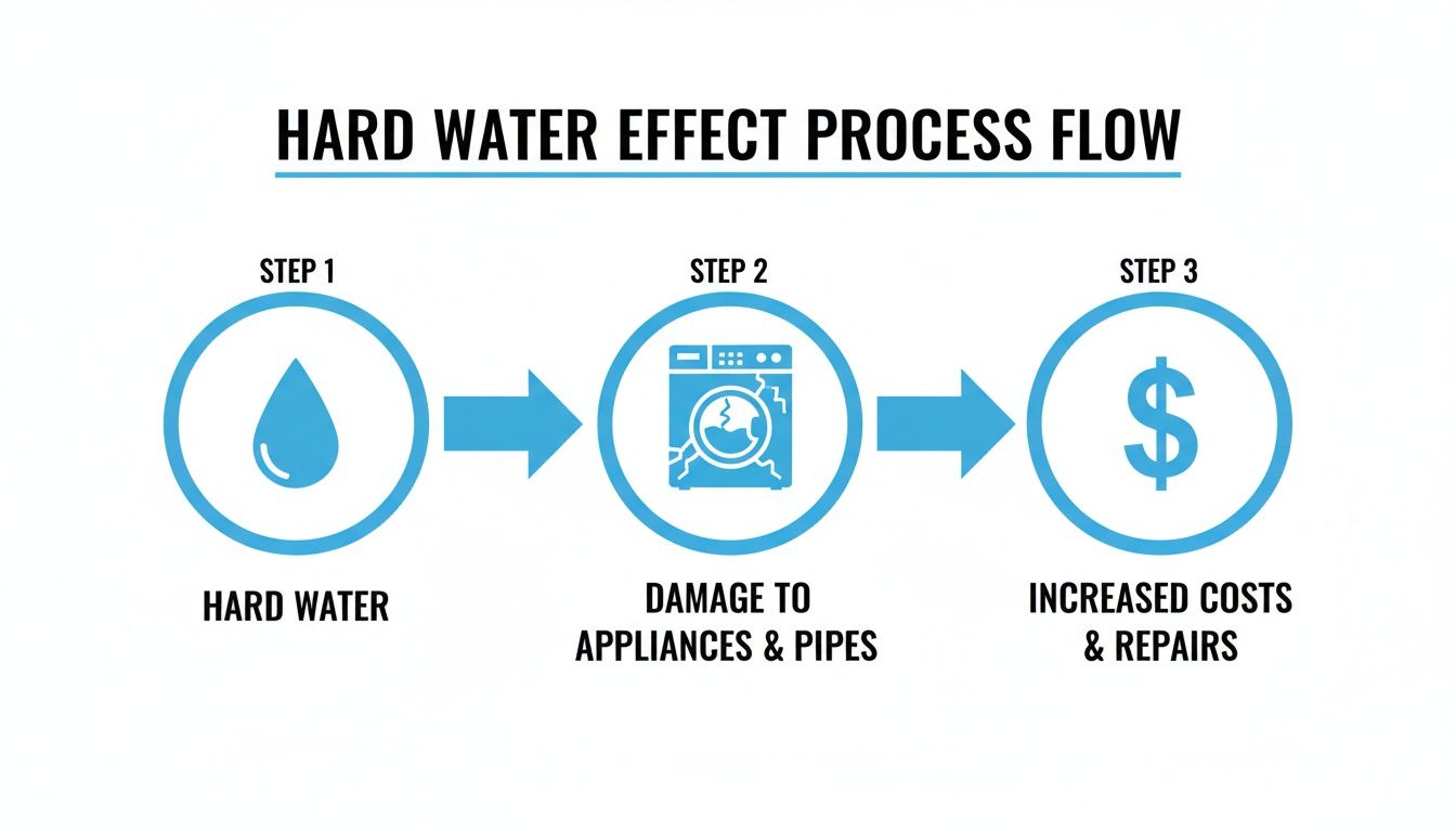 A diagram illustrating the negative effects of hard water on appliances and pipes, leading to increased repair costs.