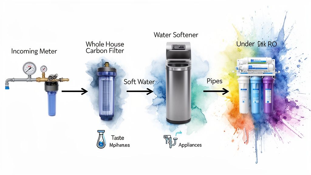 Diagram illustrating a whole house water filtration and softening system with an under-sink RO.