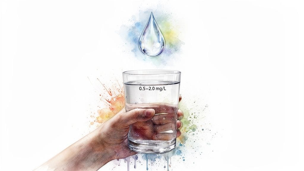 A hand holds a glass of water with a droplet above, text '0.5-2.0 mg/L' on glass, watercolor splashes.