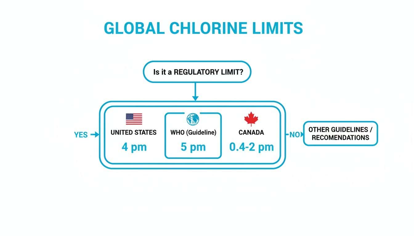 Flowchart detailing global chlorine limits, including regulatory limits for US, WHO, and Canada.