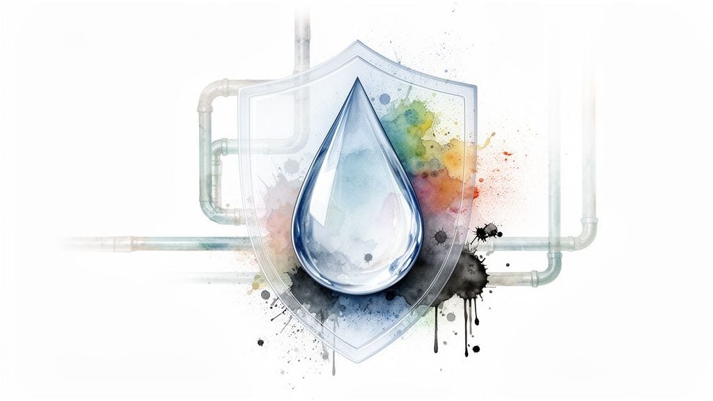 A clear water droplet within a shield, surrounded by colorful watercolor splatters and pipes, symbolizing water purity and protection.