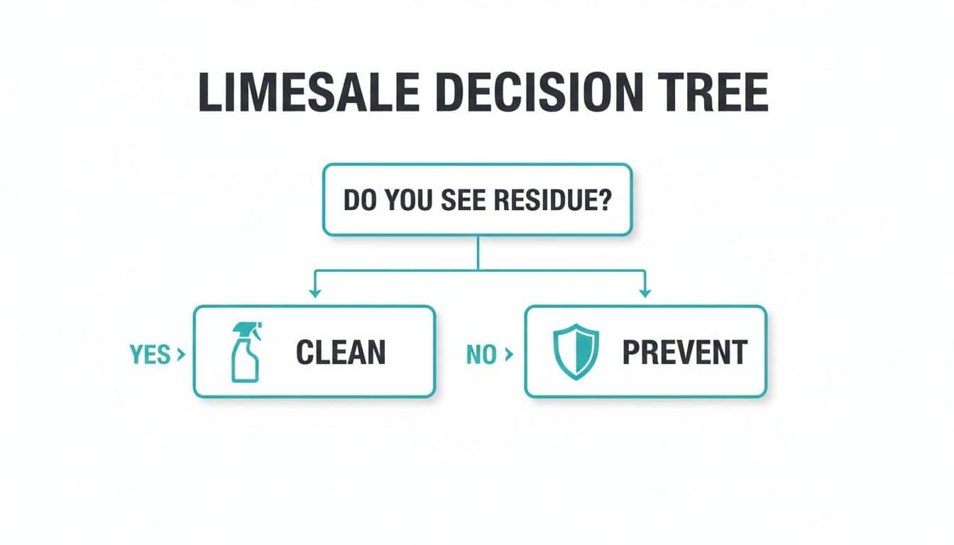 A limescale decision tree flowchart showing two paths: clean for visible residue, prevent for none.