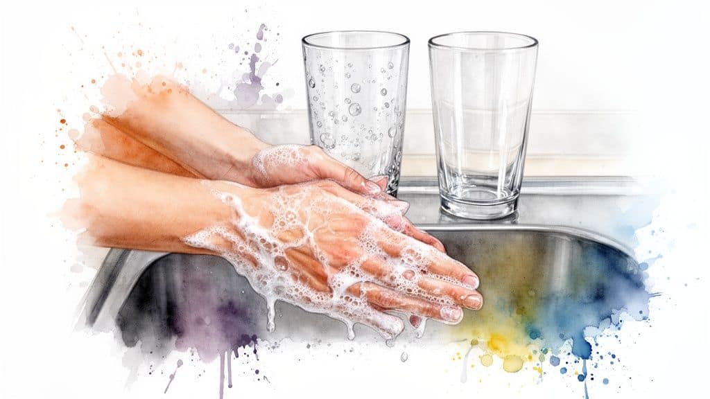 Hands covered in soap lather washing in a kitchen sink, with two glasses nearby.