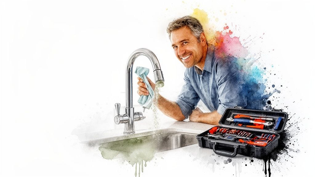Smiling man cleans a kitchen faucet, removing limescale with a cloth, toolbox nearby.