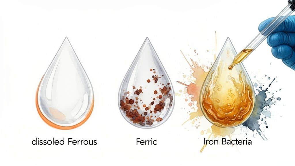 Three watercolor drops illustrate different forms of iron in water: dissolved ferrous, ferric, and iron bacteria.