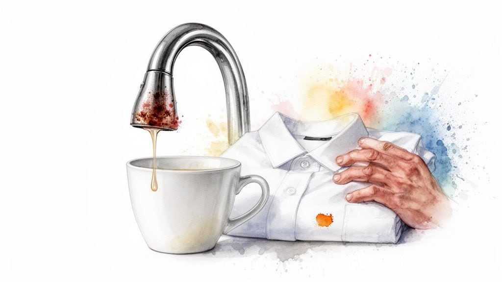 A rustic faucet drips into a cup, near a stained white shirt and a hand, with colorful splashes.