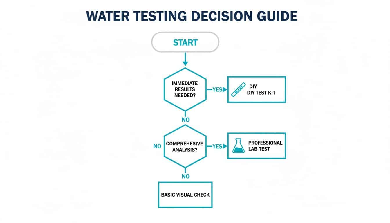 Flowchart guiding water testing decisions, offering options like DIY kits, lab tests, or a basic visual check.