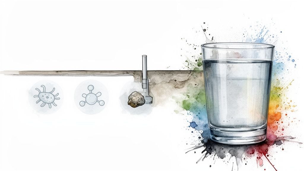 Water purification concept: contaminants in ground, pipe system, and a glass of clean drinking water.