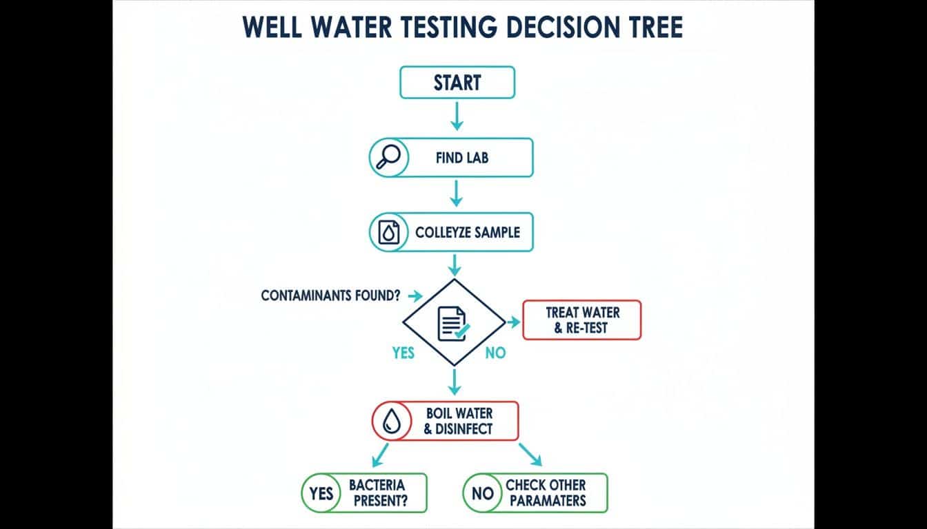 A flowchart illustrating the decision process for testing well water, from finding a lab to treating contaminants.