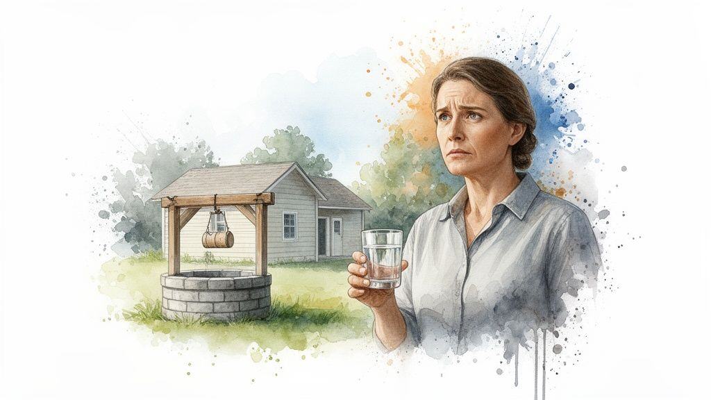 A concerned woman holds a glass of water, with a traditional well and house, painted in watercolor.
