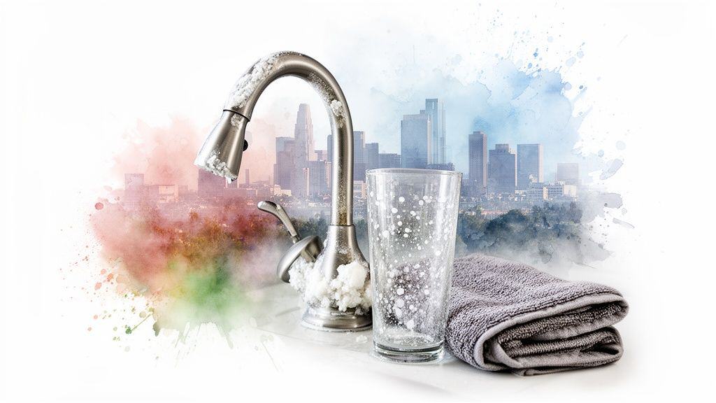 A kitchen faucet and glass covered in white mineral deposits, with a city skyline watercolor background, illustrating hard water.