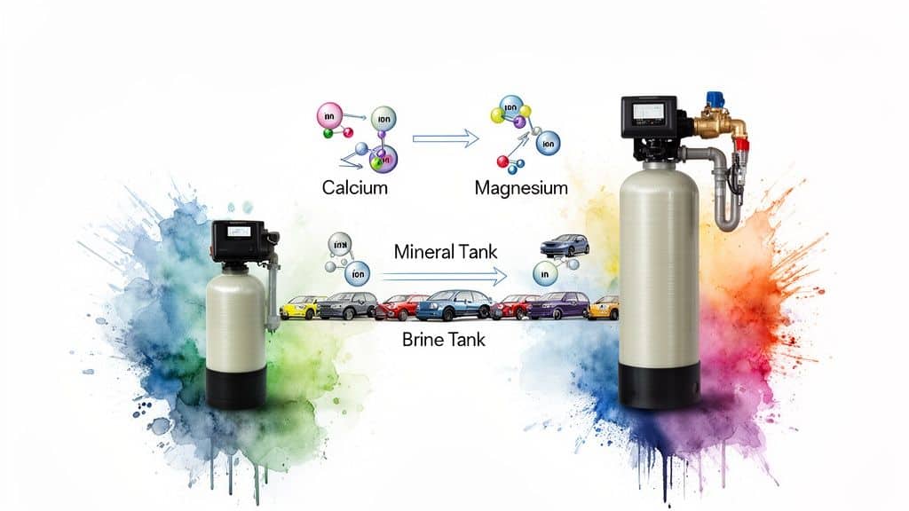 Diagram illustrating water softening process with ion exchange, featuring two water softener tanks.