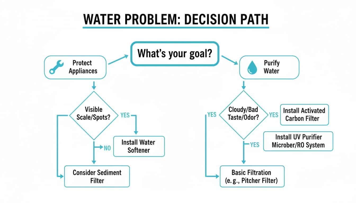 Flowchart guiding water problem solutions, from protecting appliances to purifying water.