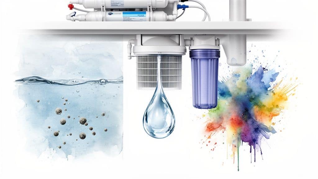 A reverse osmosis water filtration system purifies dirty water into a clean droplet, removing contaminants.