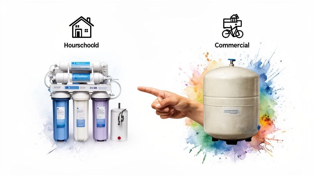 Comparison of a household RO water filter system with a commercial water storage tank, highlighted by icons.