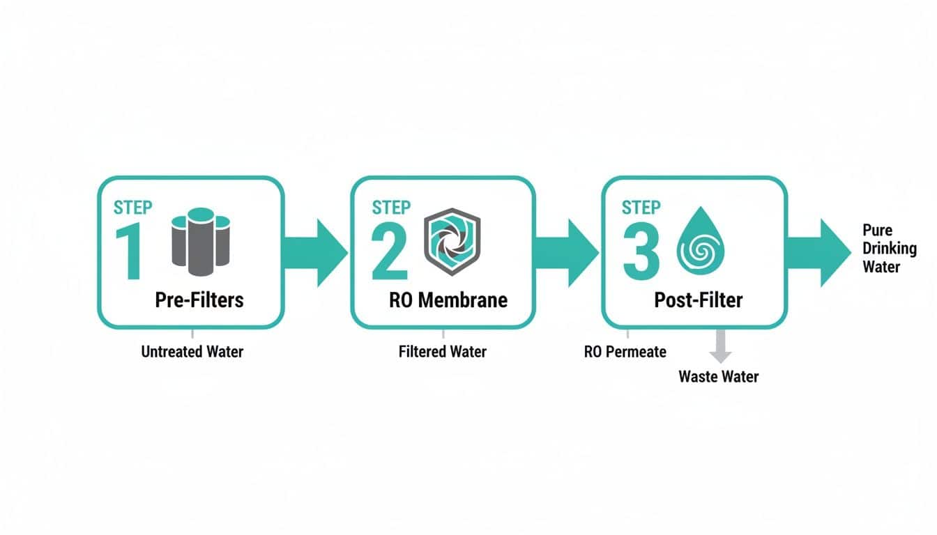 Diagram illustrating a 3-step reverse osmosis (RO) water filter system, from untreated water to pure drinking water.