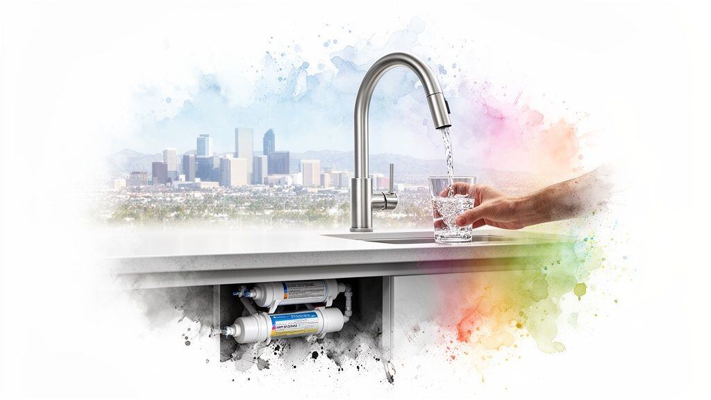 Modern kitchen faucet pouring purified water into a glass, with an under-sink RO water filter system and city background.